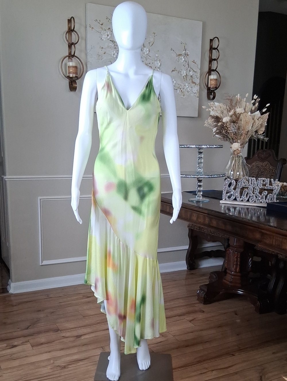 Women's Asymmetrical Summer Resort Slip Midi Dress in Lemon Tie-Dye Multi XS - Picture 7 of 16